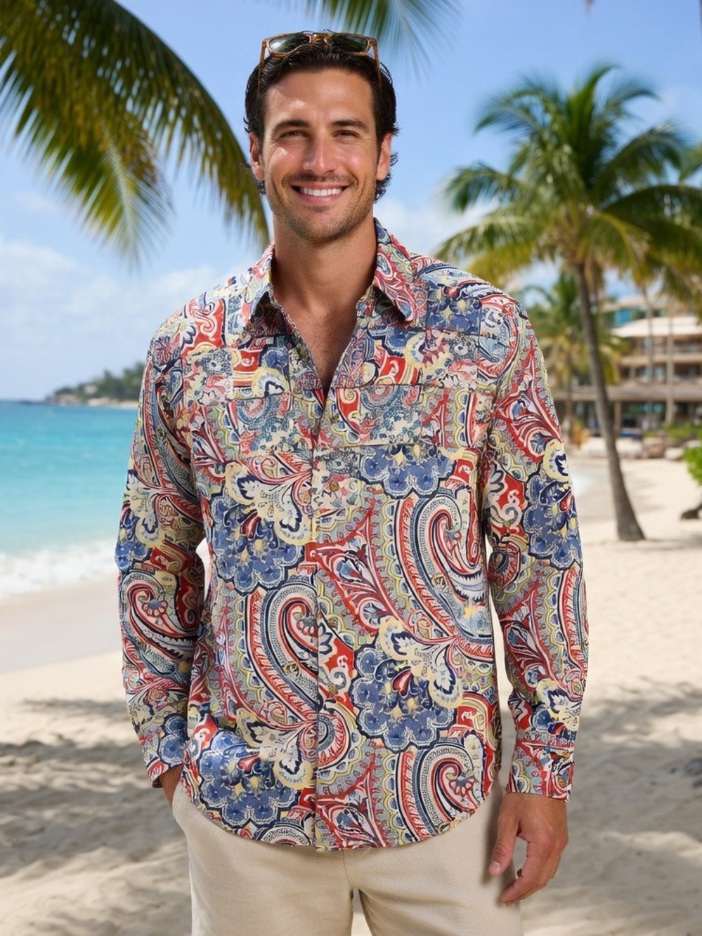 Robert Graham Paisley Button-Down Shirt Patchwork Embroidery Working From Beach